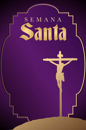 Semana Santa - Holy Week in Spanish language - Silhouette of the crucifixion of Christ on purple background - Vector imageのイラスト素材