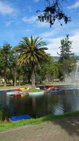 Quito, Pichincha / Ecuador - April 30 2016: View of lagoon in the La Alameda Park With the Panecillo hill in the background. This is the oldest park in the city of Quitoのeditorial素材