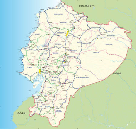 Road and hydro graphical map of Ecuador with the main roads, provincial boundaries, provincial capitals and main cities names - Year 2004 - Vector Imageのイラスト素材
