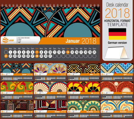 Desk calendar 2018 template with native rosettes design. Size: 22 cm x 12 cm. Horizontal format. Vector image. German versionのイラスト素材