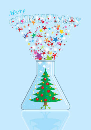 Christmas tree decorated with burning candles inside a flask ejecting colorful stars with Merry Christmas message on a cyan background.のイラスト素材