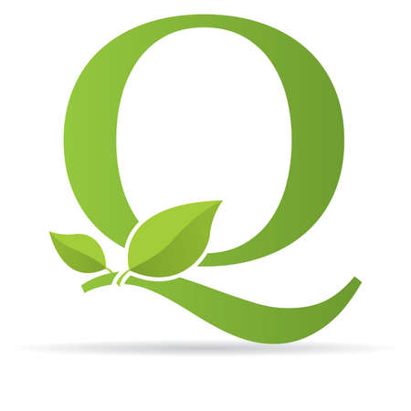 Logo with letter Q of green color decorated with green leaves - Vector imageのイラスト素材