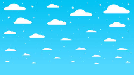 Blue sky background with white clouds with simplified shape cartoon type and stars. Vector image
