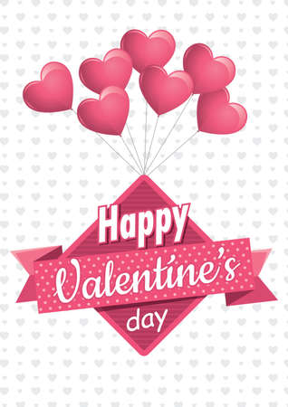 Heart shaped pink balloons holding a square sign with a pink ribbon with the message Happy Valentine's Day on a white background with gray hearts.のイラスト素材