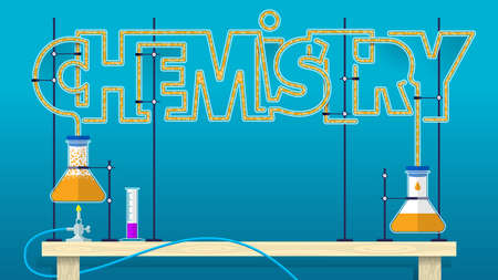CHEMISTRY lettering. Chemical word letters formed by glass tubes with orange bubbling liquid connecting two glass flasks with blue background. Vector imageのイラスト素材