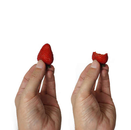 Close up of a man's hand holding a full strawberry with his fingers and holding a half-eaten strawberry on white backgroundの写真素材