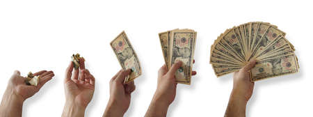 Sequence of a man's hand holding a group of 10 dollar bills, with more bills in each step on white...
