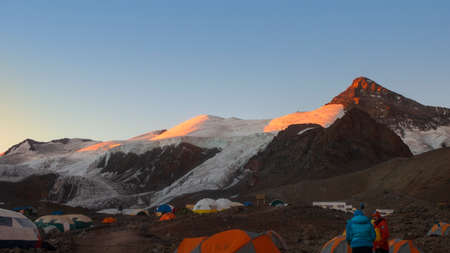 Aconcagua, Mendoza / Argentina, February 11 2014: Tourists getting up early in the morning in Plaza de Mulas, Aconcagua mountain base campのeditorial素材