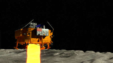 Space transport rolling across the surface of the moon beginning the exploration with the China flag...