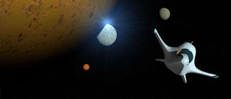 Fantasy scene: White spaceship with turbine lit across the galaxy with planets of different colors...