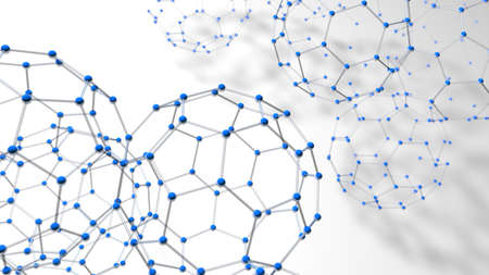 Complex structure formed by tubes and blue spheres as molecules forming hexagons with depth of field...