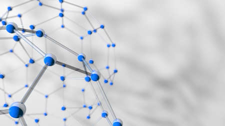Complex structure formed by tubes and blue spheres as molecules forming hexagons with depth of field...