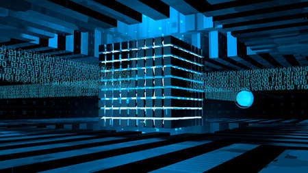 Computer core formed by cubes illuminated with blue light inside a metal structure receiving binary...