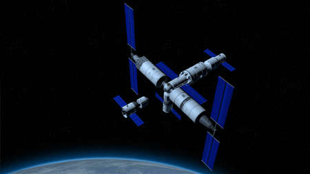 space station with the planet Earth below on black space with stars background. 3D Illustration