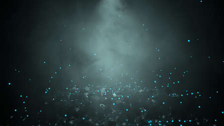 View of a destroyed surface with the messy blocks in the middle of the darkness illuminated by a...