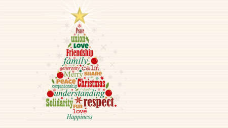 Greeting card with red and green words forming a Christmas tree with a bright star on the tip on a white background with snowflakes. Word Cloud design. Vector imageのイラスト素材