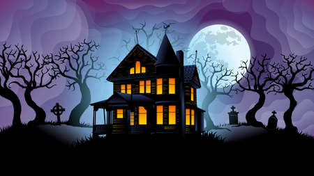 Old haunted house with yellow lights on surrounded by silhouettes of trees with a cemetery behind...