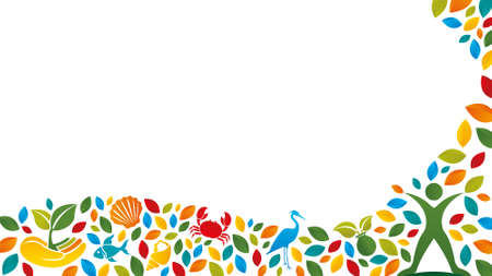 Ecosystem concept composed of silhouette of person with open arms, heron, crab, fish, shell, hand with plant and snail and green, blue, red and yellow leaves arranged in the form of waves on white background. Vector imageのイラスト素材