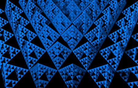Blue Sierpinski triangle texture on black background. It is a fractal with the overall shape of an equilateral triangle, subdivided recursively into smaller equilateral triangles. 3D Illustrationの写真素材