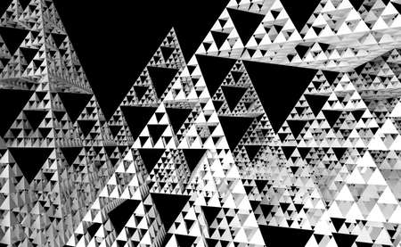 Gray Sierpinski triangle texture on black background. It is a fractal with the overall shape of an equilateral triangle, subdivided recursively into smaller equilateral triangles. 3D Illustrationの写真素材