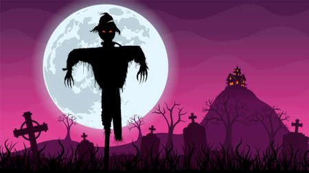 Black silhouette of scarecrow in the foreground in the middle of a cemetery with a haunted house on top of a mountain in the background. Night scene with purple and magenta sky with a giant moon behind the scarecrow. Vector imageのイラスト素材