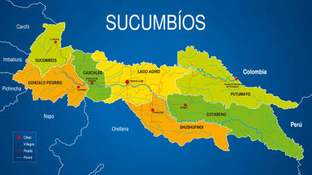Political map of the province of Sucumbios in green and yellow on a blue background. Sucumbios is one of the 24 provinces of the Republic of Ecuador. Vector imageのイラスト素材