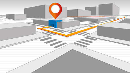 Detail of a 3-dimensional city map with gray block buildings and a yellow direction arrow that ends in a blue building that stands out with position symbol. Vector imageのイラスト素材