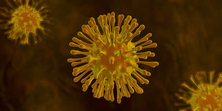 Yellow viruses with hairs and rough texture floating on a dark yellow background. 3D Illustration