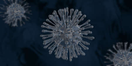 Blue gray viruses with hairs and rough texture floating on a dark blue background. 3D Illustration
