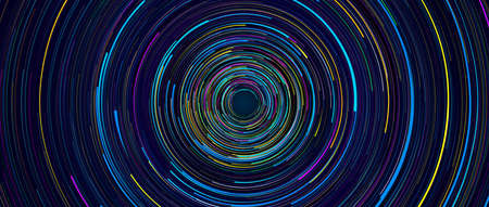 Background of light lines of blue, green, yellow and purple color of different sizes rotating...