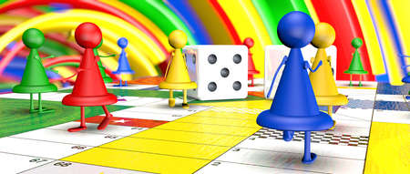Close up view of fantasy red, blue, yellow and green board game chips with feet and hands walking on the board with two dice in the middle on a background of unfocused colored circles. 3D Illustration
の写真素材