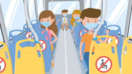 People in blue mask traveling by bus with seats with NO SITTING sign. Respecting social isolation, sitting in the designated seats to maintain a safe distance to avoid contagion. Vector imageのイラスト素材