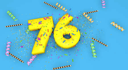 Number 76 for birthday, anniversary or promotion, in thick yellow letters on a blue background...