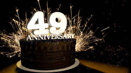 Anniversary 49 card. Round chocolate cake decorated with dragees of blue, red, yellow, green color with white numbers on a wooden table with artificial fire in the background and stars and colored dragees falling on the table. 3D Illustrationの写真素材