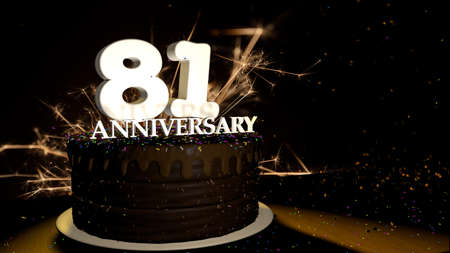 Anniversary 81 card. Round chocolate cake decorated with dragees of blue, red, yellow, green color with white numbers on a wooden table with artificial fire in the background and stars and colored dragees falling on the table. 3D Illustrationの写真素材