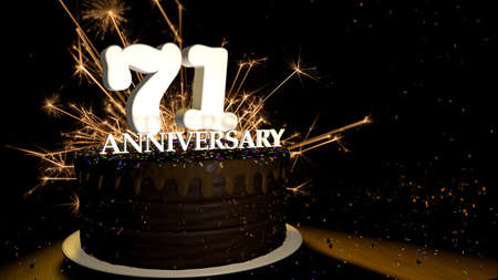 Anniversary 71 card. Round chocolate cake decorated with dragees of blue, red, yellow, green color with white numbers on a wooden table with artificial fire in the background and stars and colored dragees falling on the table. 3D Illustrationの写真素材