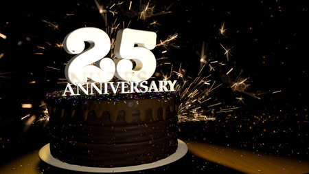 Anniversary 25 card. Round chocolate cake decorated with dragees of blue, red, yellow, green color with white numbers on a wooden table with artificial fire in the background and stars and colored dragees falling on the table. 3D Illustrationの写真素材