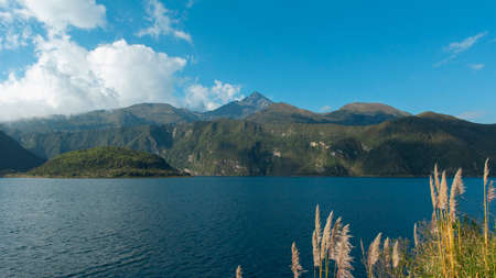 View of the Cotacachi volcano from the edge of the Cuicocha lagoon. Imbabura - Ecuadorの写真素材