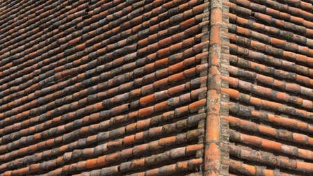 Background texture of an old house roof with red clay tiles with mold