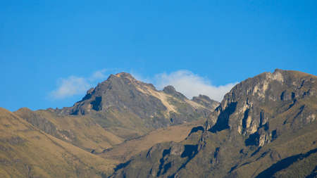 Panoramic view of the Rucu Pichincha volcano with blue sky in the background on a sunny morning