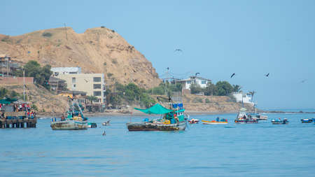 Mancora, Piura / Peru - April 9 2019: View of the fishing fleet anchored in the port of Mancora...