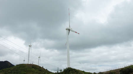Inmaculada Concepcion de Loja, Loja / Ecuador - April 1 2019: View of the wind turbines of the wind...