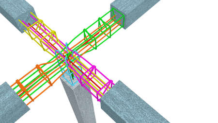Graph shows the correct way to interlace the steel rods of columns and concrete beams on white...