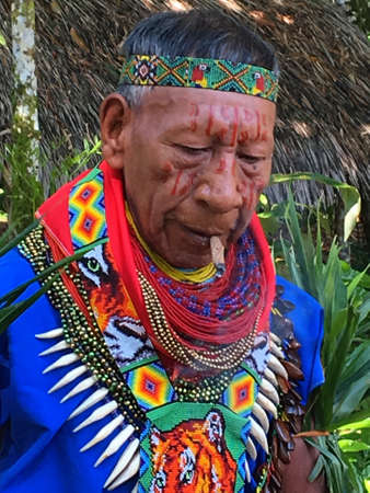 Nueva Loja, Sucumbios / Ecuador - September 2 2020: Elderly indigenous shaman of Cofan nationality...
