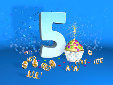 Cupcake with sparkling candle for birthday or anniversary 5 with the big number in white with yellow streamers on the blue background. 3d illustrationの写真素材