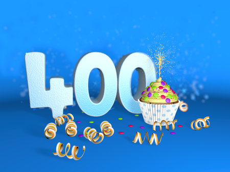 Cupcake with sparkling candle for birthday or anniversary 400 with the big number in white with yellow streamers on the blue background. 3d illustrationの写真素材
