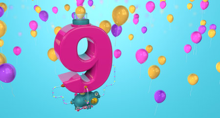 Red number 9 floating in the air connected to a compressor through glass pipes expelling balloons...