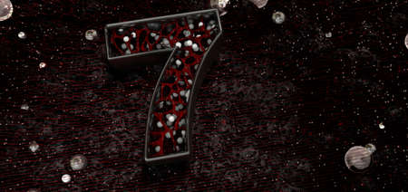 Number 7 in thick letters with organic red structure and white balls inside on a black stone background with texture of red lines and glass spheres. 3D Illustrationの写真素材