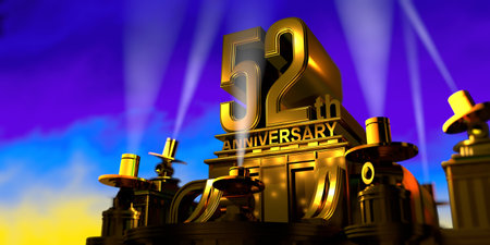 52th anniversary in thick letters on a large golden antique style building illuminated by 6 floodlights with white light on a blue sky at sunset. 3D Illustrationの写真素材