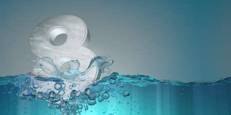 Number 8 in thick letters seen from the front sinking into the water splashing with drops producing bubbles underwater on a blue background. 3D Illustrationの写真素材